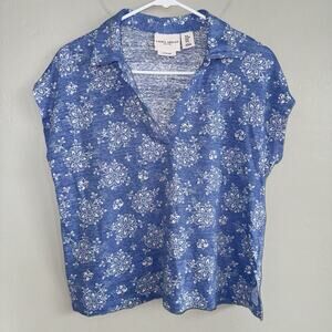 Laura Ashley Woman’s Polo Top 100% Linen Sz M Blue White Floral Short Sleeve